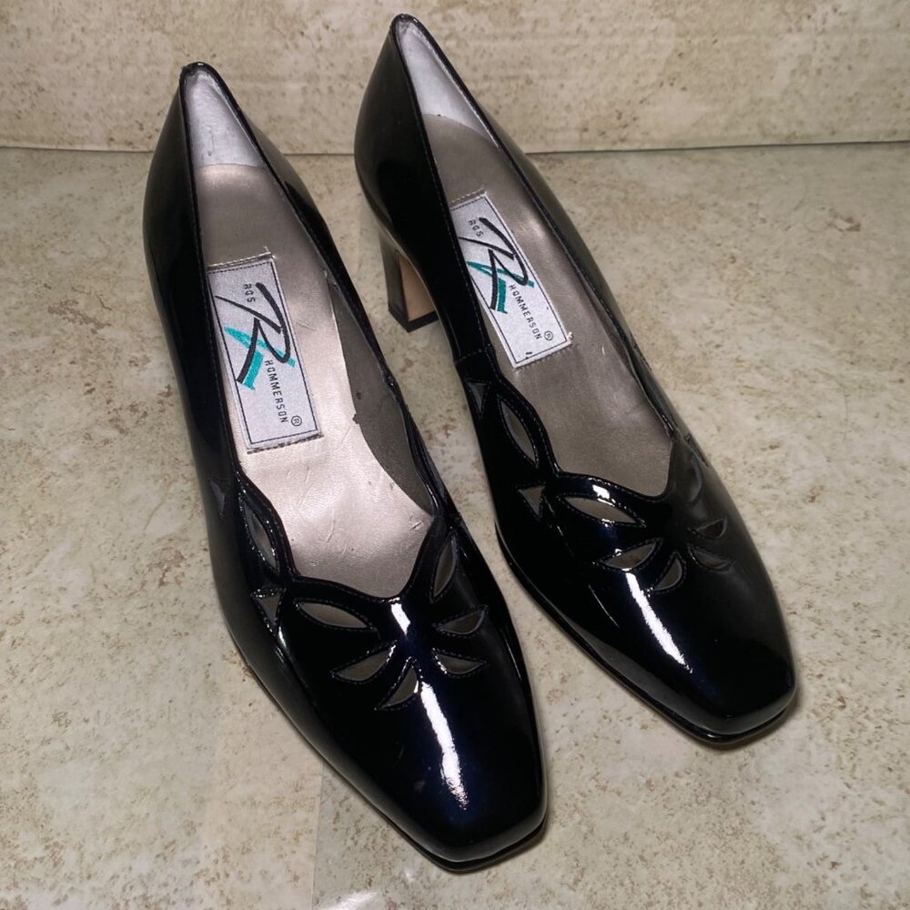 Vintage Womens Black Patent Leather Heels Cutout Design Square Toe &‎ Block Heel